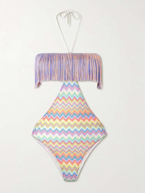 Fringed striped crochet-knit swimsuit