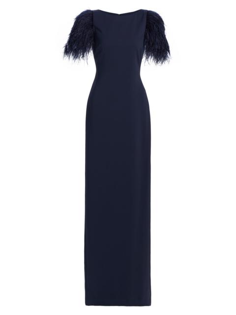 BADGLEY MISCHKA Women's Feather Cuff Odessa Crepe Column Gown - Navy