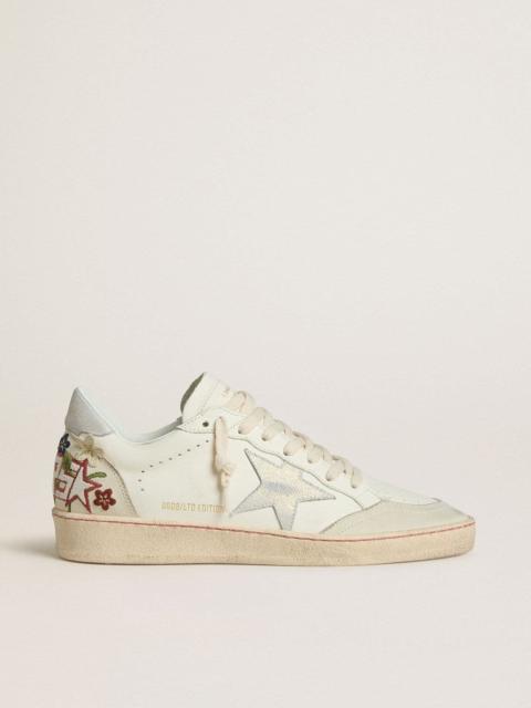 Golden Goose Women’s Ball Star in leather with platinum suede star and multicolor floral embroidery