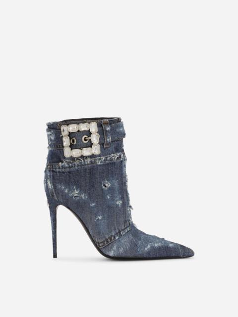 Patchwork denim ankle boots with rhinestone buckle