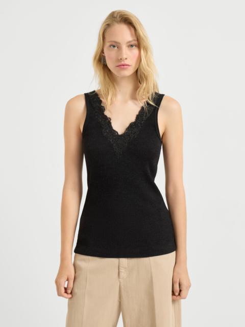 Brunello Cucinelli Ribbed wool jersey top with wispy lace embroidery