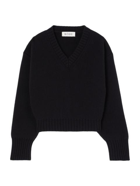 RÓHE Women's Compact-Knit Wool V-Neck Sweater - Black