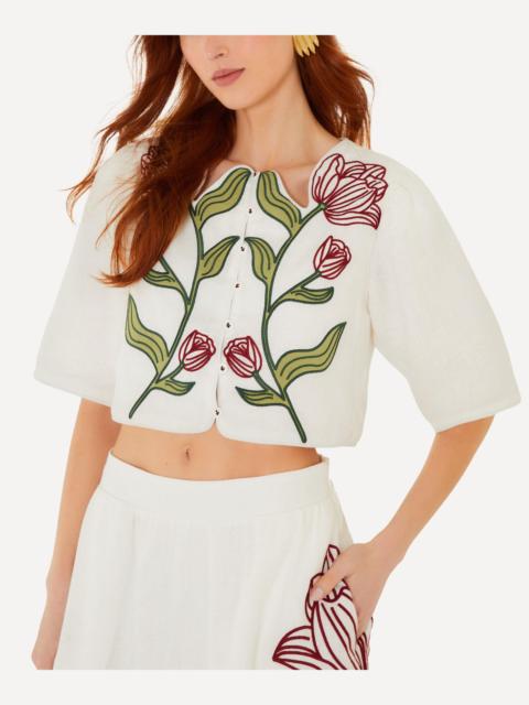 FARM RIO Off-White Flower Short-Sleeve Crop Top
