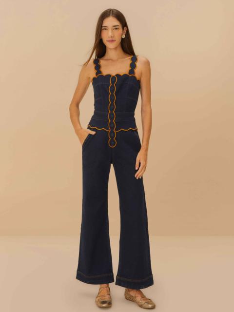 FARM RIO Dark Denim Wavy Trim Jumpsuit