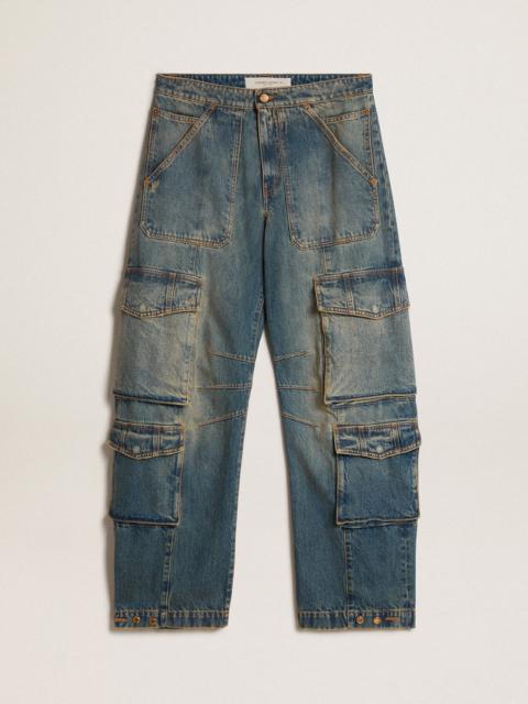Blue jeans with a distressed finish