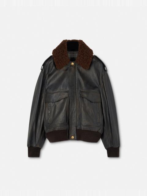 Shearling-Collar Leather Bomber Jacket