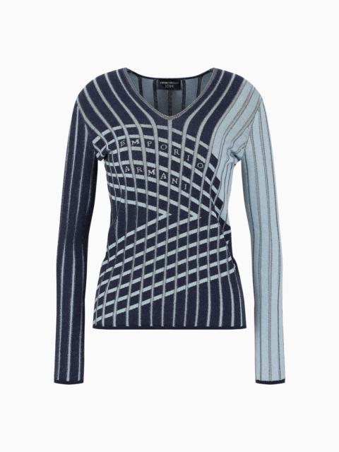 Icon plated, jacquard, cotton-blend V-neck jumper