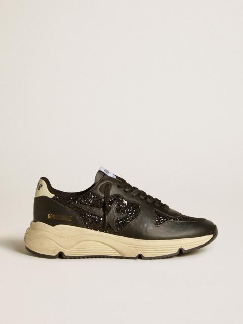 Running Sole in black glitter with leather star and nubuck heel tab