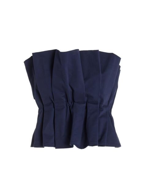 STAUD Dover Gathered Stretch-Cotton Strapless Top navy