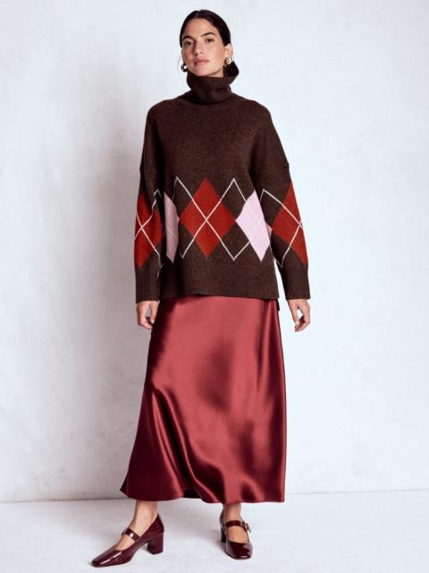 BODEN Polly Merino Roll Neck Sweater-Brown, Pink Argyle