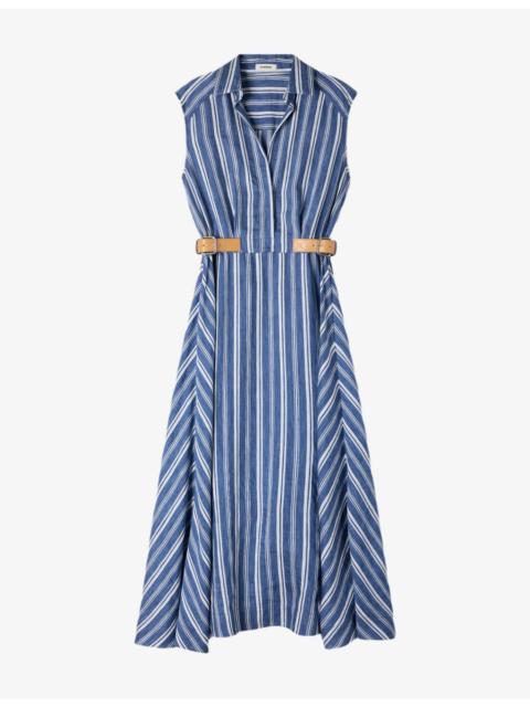 Sandro Striped Leather-Tab Woven Maxi Dress