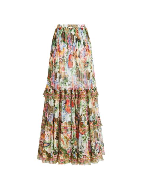 floral-print tiered silk skirt