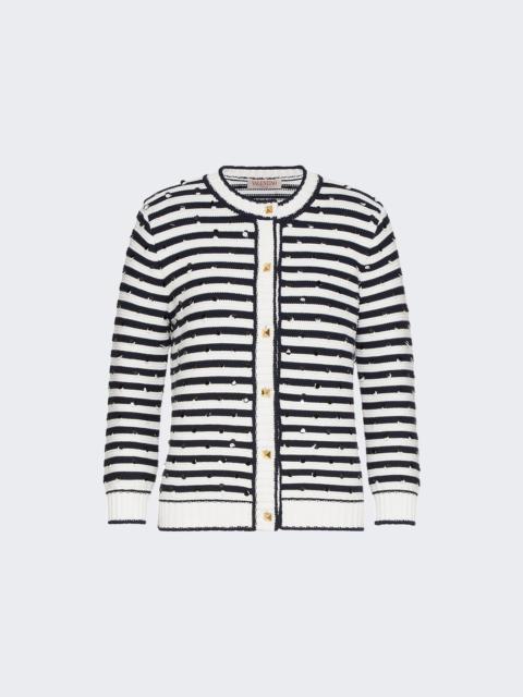 Polka Dot Embroidered Striped Cardigan White and Navy