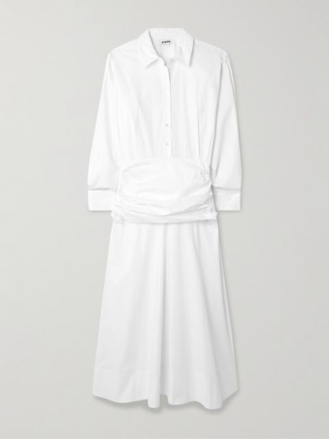 STAUD Indya Gathered Cotton-blend Poplin Midi Shirt Dress