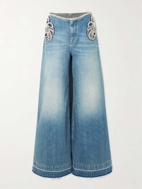 Cutout crystal-embellished frayed mid-rise wide-leg organic jeans
