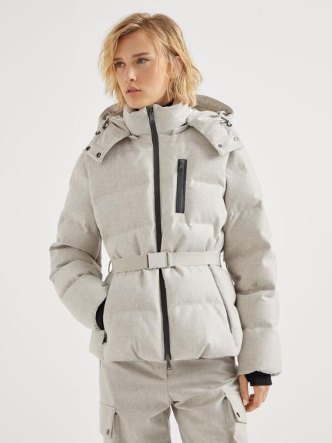 Brunello Cucinelli Bonded virgin wool flannel mountain down jacket with detachable hood and precious zip detail