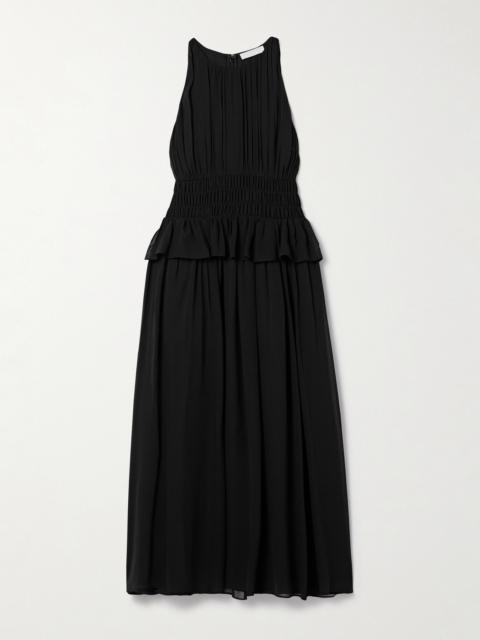 ULLA JOHNSON Adeline Shirred Silk Crepe De Chine Peplum Midi Dress