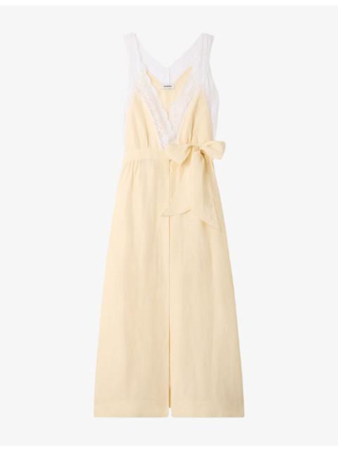 Sandro Sleeveless Lace-Trim Linen-Blend Maxi Dress
