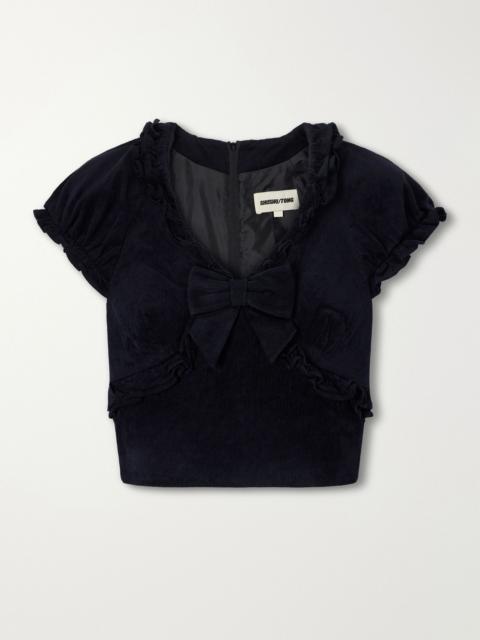 SHUSHU/TONG Crisscross cropped bow-detailed ruffled velvet top Navy