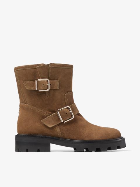 JIMMY CHOO Youth Ii
Caper Green Crosta Suede Biker Boots with Gold Buckles