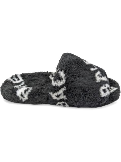 BALENCIAGA Balenciaga Furry Slide Fake Fur Logo Allover Black White
