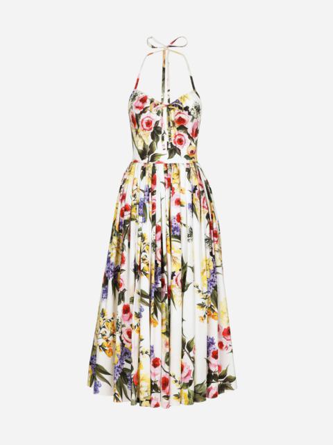 Calf-length cotton dress with garden print