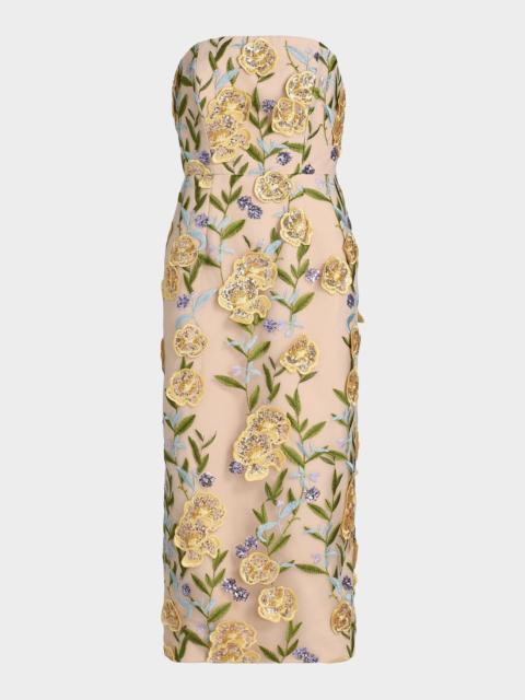 MILLY Kait Embroidered Strapless Midi Dress