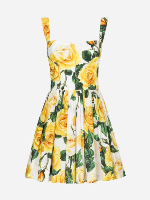 Short cotton corset dress with yellow rose print