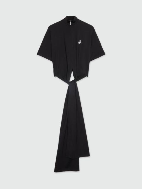Black jersey T-shirt with tie-front