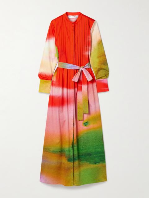 Oscar de la Renta Belted Pintucked Printed Cotton-blend Poplin Maxi Dress