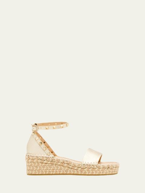 55mm Rockstud Metallic Leather Wedge Espadrille Sandals