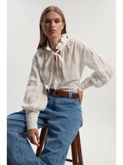 KAREN MILLEN Cotton With Lace Trim Insert High Neck Puff Sleeve Blouse