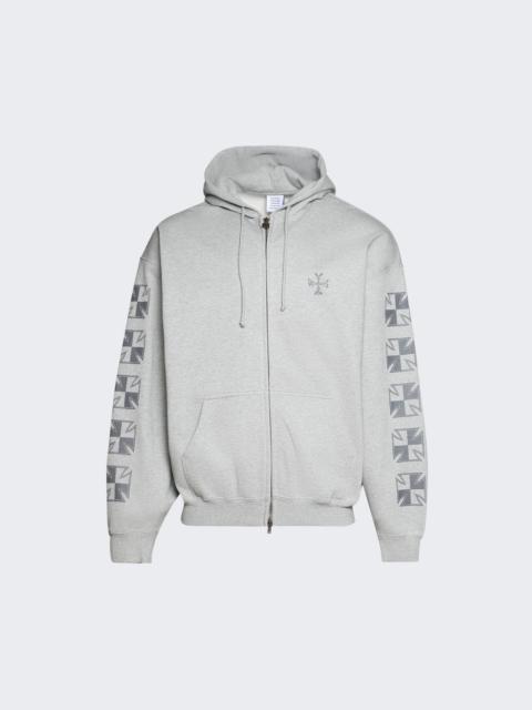VETEMENTS Embroidered Biker Cross Sleeves Zip-up Hoodie Grey Melange