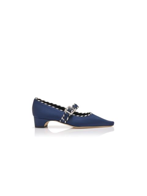 Manolo Blahnik Navy Blue Satin Mary Jane Pumps