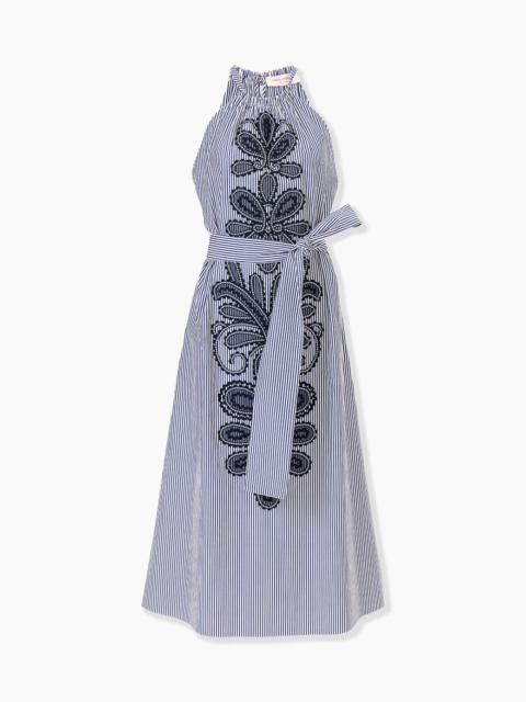 CAROLINA HERRERA Embroidered Striped Halterneck Midi Dress
