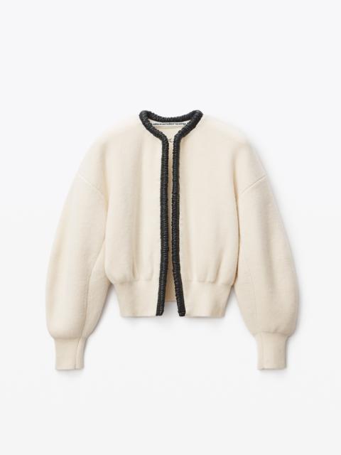 Alexander Wang RUCHED LEATHER TRIM CARDIGAN IN WOOL