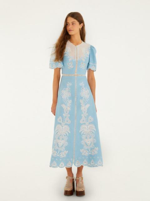 FARM RIO Light Blue Embroidered Euroflax Premium Linene Midi Dress