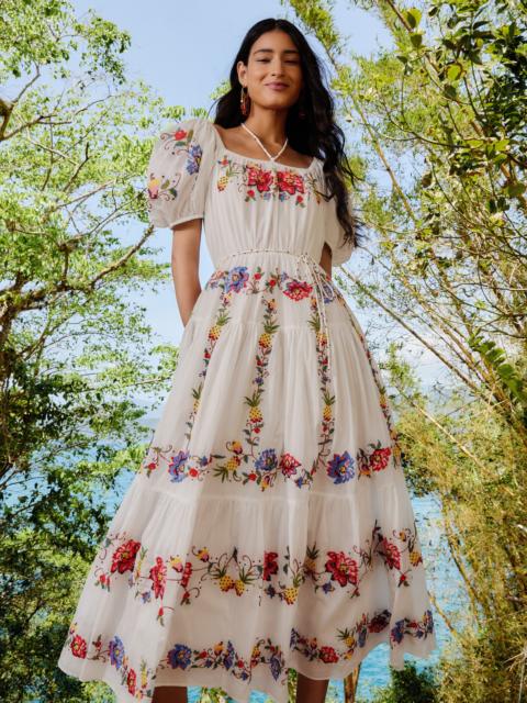 FARM RIO Off-White Tropical Porcelain Embroidered Maxi Dress