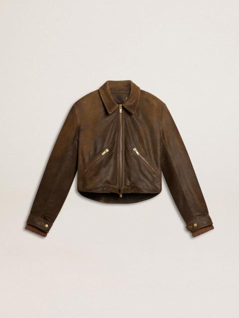 Golden Goose Women’s cropped brown leather biker jacket with zip