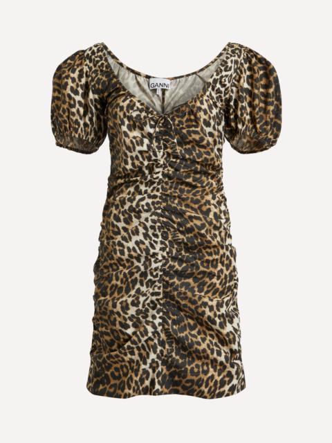 Leopard-Printed Gathered U-Neck Mini-Dress