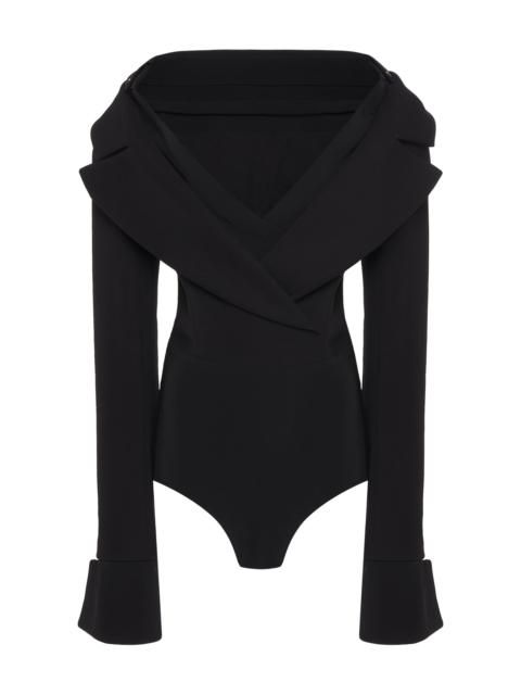 Tailored Off-The-Shoulder Crepe Bodysuit black