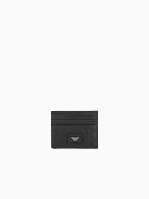 EMPORIO ARMANI LEATHER CARD HOLDER WITH ALL-OVER EMBOSSED EAGLE