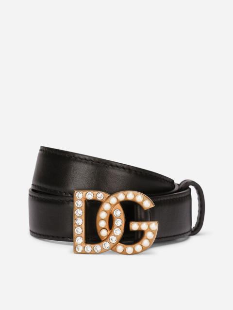 Calfskin belt with bejeweled DG logo