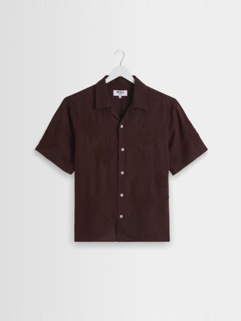 Wax London Didcot - Brown Flower Embroidered Short-Sleeve Shirt
