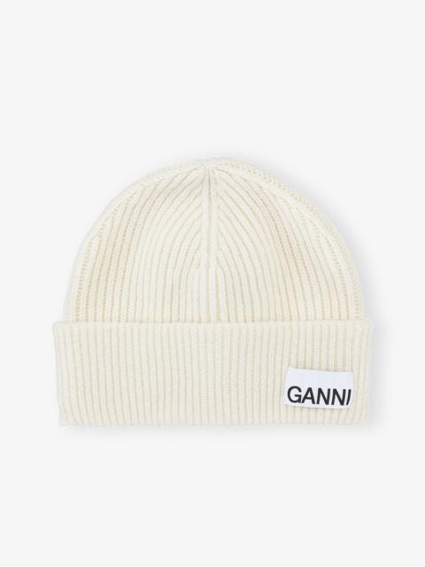 GANNI WHITE FITTED WOOL RIB KNIT BEANIE