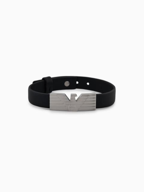 Stainless Steel and Black Leather Strap ID Bracelet