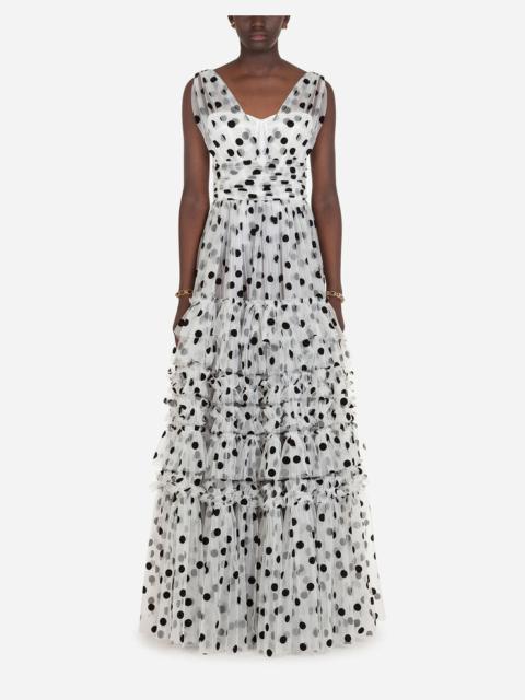 Long dress in flocked polka-dot print tulle