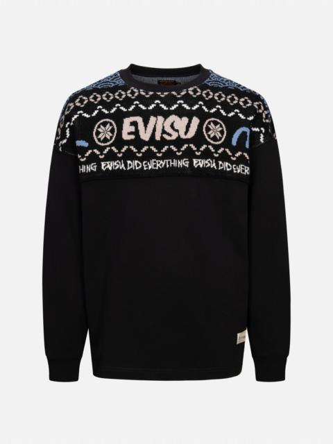 EVISU FAIR ISLE PATTERN KNIT-PANELLED RELAX FIT SWEATSHIRT