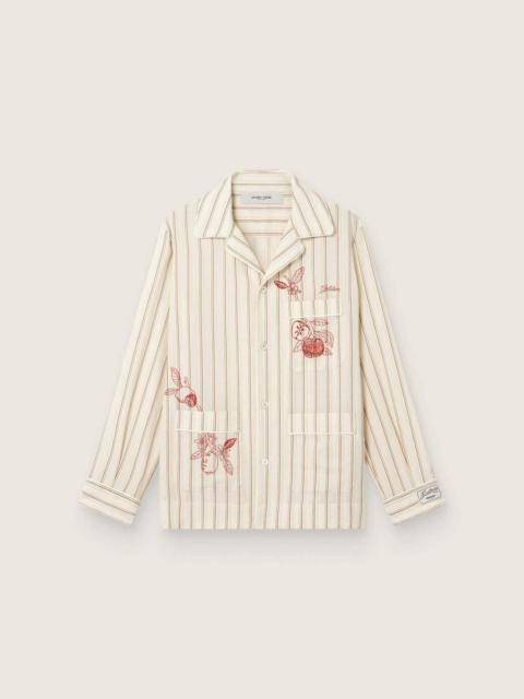 Golden Goose Unisex shirt in ecru and sand striped cotton and linen with embroidery