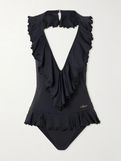 Chloé Embellished ruffled halterneck swimsuit Black